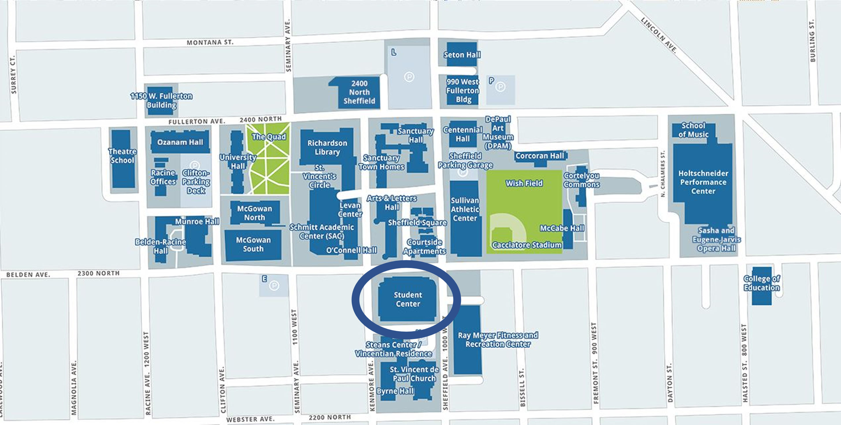 Map of Lincoln Park Campus with Student Center circled